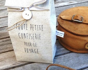 Pochon en lin et coton écru pour petite confiserie de voyage  imprimé vintage