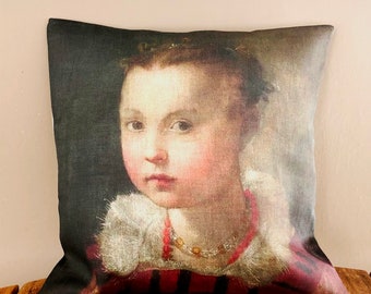 Linen cushion cover with a child's art portrait printing