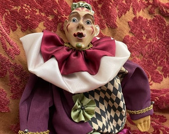 Vintage Katherine's Collection Vintage Circus Clown Cloth Body Doll  Resin Head Hand Painted 1990's Length 16"