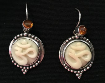 Sterling Silver Tribal Chic Sustainable Jewelry Om Earrings ~ Carved Tagua Nut Amethyst Cabochon