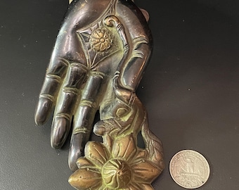 Brass Buddha Mudra Cabinet Pull, Lotus Flower, Vintage Door Knob