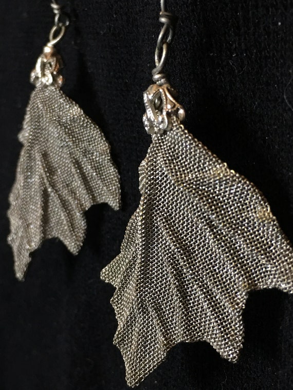 Earrings ~ Silver Hue Leaf, made of fine Mesh. Ar… - image 3