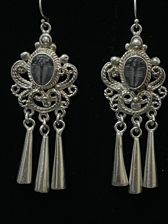 Fossilized Trilobite Dangle Earrings, Sterling Si… - image 1