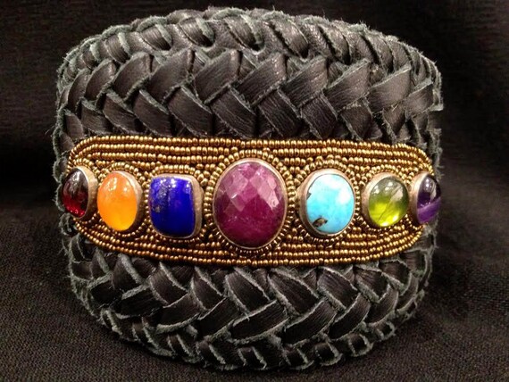 Ruby Cuff Bracelet, Multi Stone Appliqué, Boho Le… - image 1