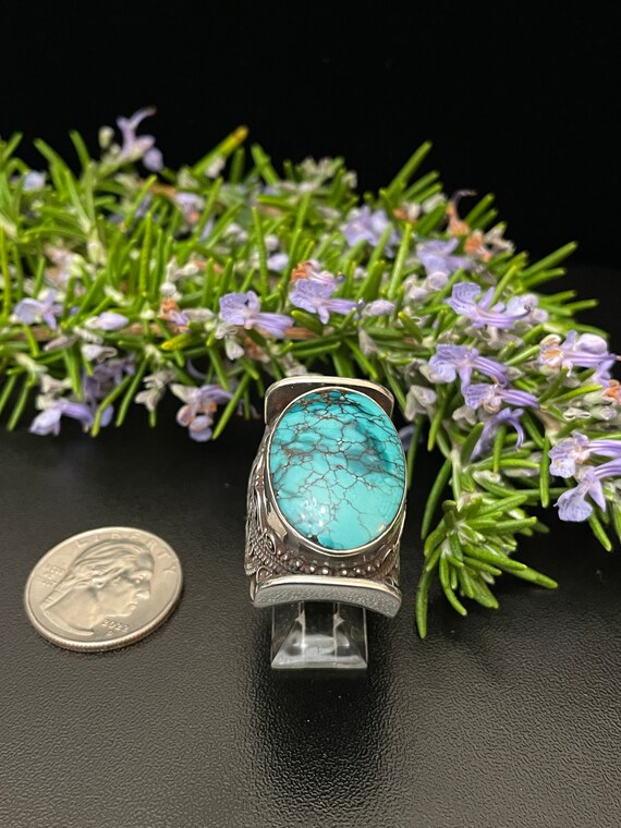 Adjustable Oval Turquoise Saddle Ring, Decorated … - image 3