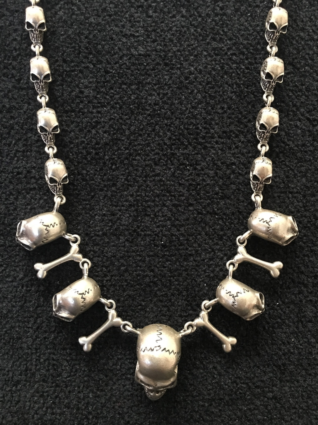 Necklace Multi Skulls and Bones Cast Sterling Silver Charms, Gothic