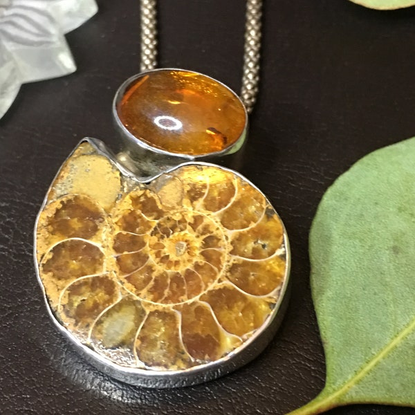 Necklace - Ammonite, Amber, Artist: Teresa Bradford, Amber was considered the "soul of the tiger"