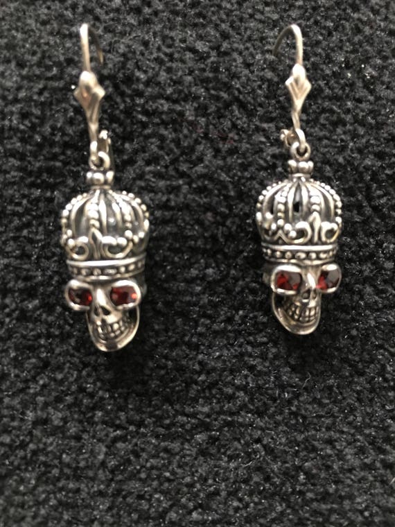 Earrings ~ Crowned Skulls W/Garnets Sterling Silve