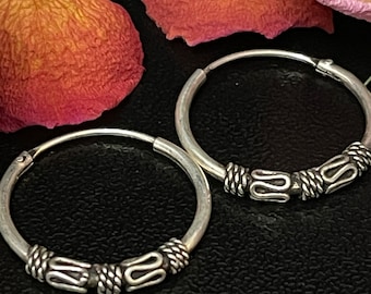 Earrings Sterling Silver Hoops Circumference 5/8" Hollow hoops, Hinged With Bali wire work.
