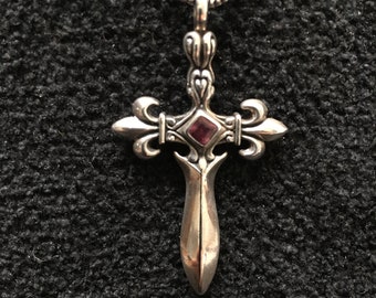 Pendent ~ Smooth, Sleek, and Balanced, Cross, Sterling Silver W/Garnet Stainless Steel Chain