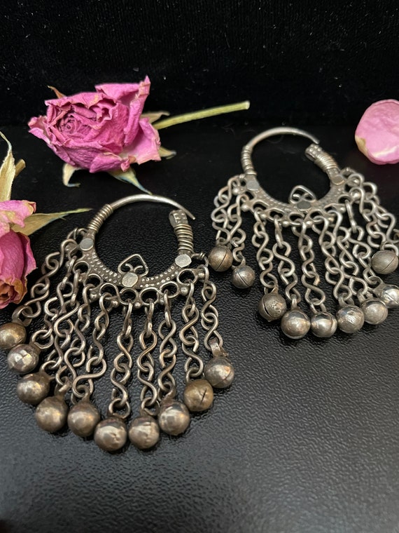 Vintage silver Tribal Afghani Hoops with Drop Dan… - image 1