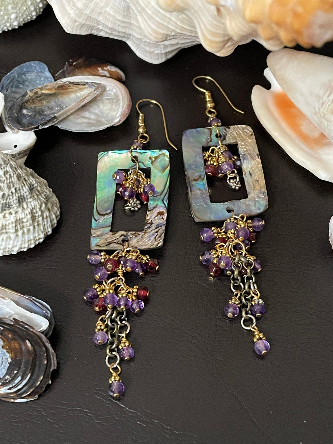 Chandelier Earrings, Abalone, With Amethyst. Gypsy Dangles One