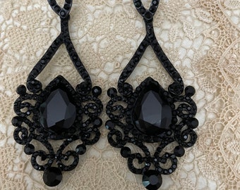 Black Rhinestone Post Earrings, Length 3 1/8 inch. Evening Bling Glamour, Perfect amount of Bling.