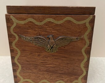 Vintage, Wood Box/Canister Brass Eagle Emblem Dovetail Joints.  Patriotic Americana  Decor Made In Japan Condition Is Used. See Photo's