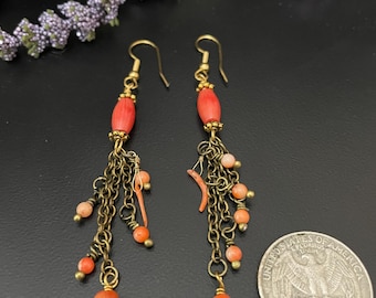 Coral Earrings, Brass Dangle, Modern Tribal Jewelry