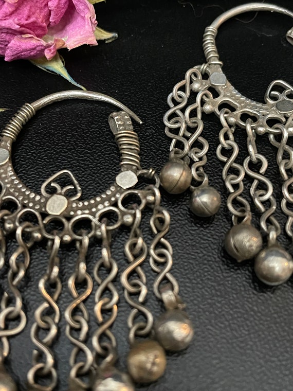 Vintage silver Tribal Afghani Hoops with Drop Dan… - image 2