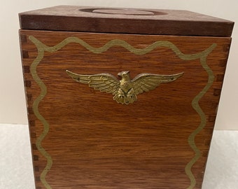 Vintage, Wood Box/Canister Brass Eagle Emblem Dovetail Joints. Patriotic Americana Decor Made In Japan Condition Is Used. See Photo's