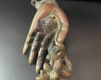 Vintage Brass Lotus Flower Hand Door Knob, Buddha Mudra
