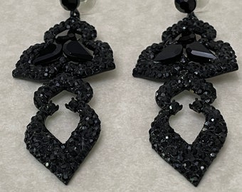 Black Rhinestone Post Earrings, Length 3 1/4 inch. Evening Bling Glamour, Perfect amount of Bling.