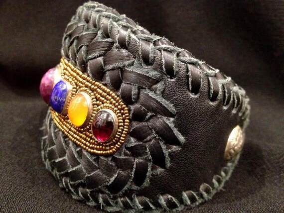 Ruby Cuff Bracelet, Multi Stone Appliqué, Boho Le… - image 2