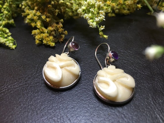 Sterling Silver Tribal Chic Sustainable Jewelry Om Earrings ~ Carved Tagua Nut Amethyst Cabochon