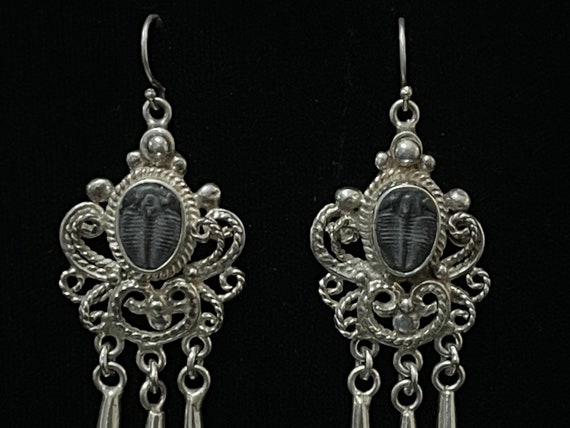 Fossilized Trilobite Dangle Earrings, Sterling Si… - image 2