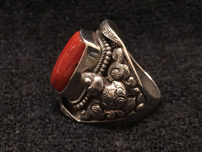 Ring Rare Red Coral With Silver Vintage Tribal Tradtional Saddle Ring image 4