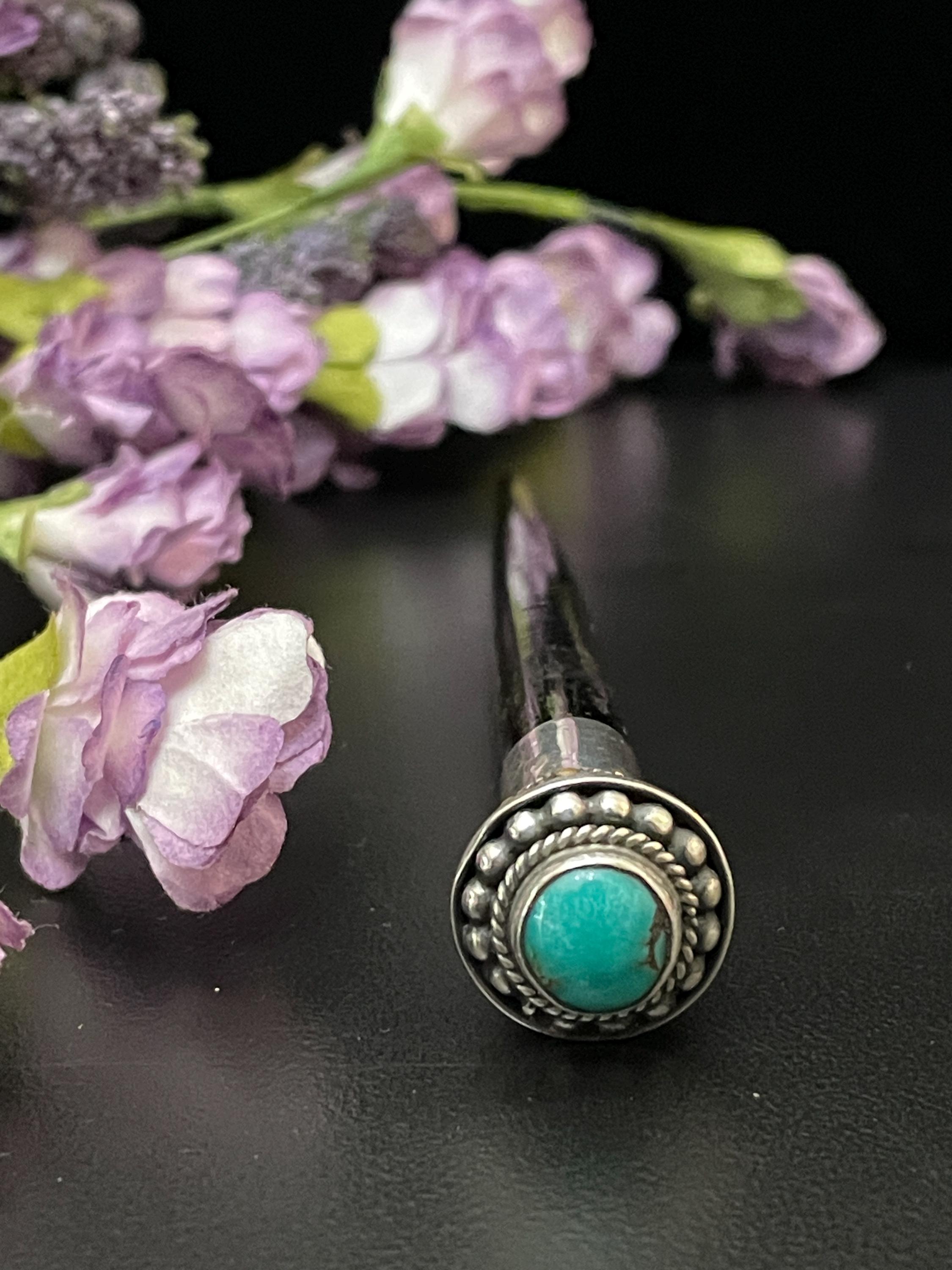 Turquoise Sterling Silver Hair Stick, Wood Bun up Hair 