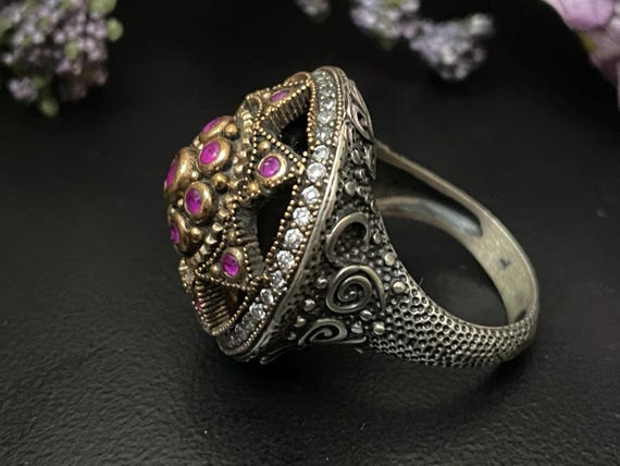 Ruby CZ Turkish Sterling Silver Ring, Textured Co… - image 5