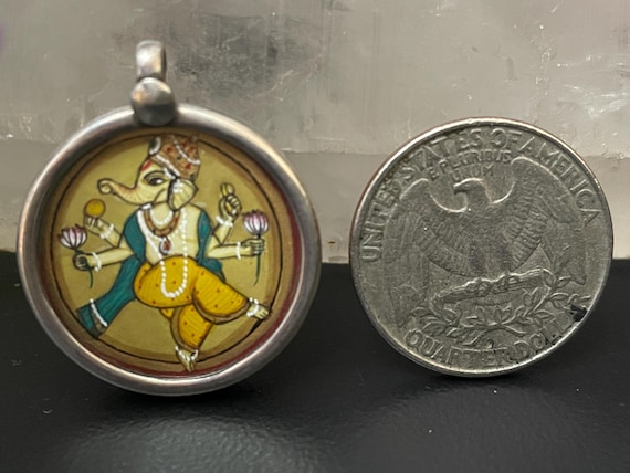 Vintage Ganesha Miniature Painting, Framed Sterling Silver Hindu Art