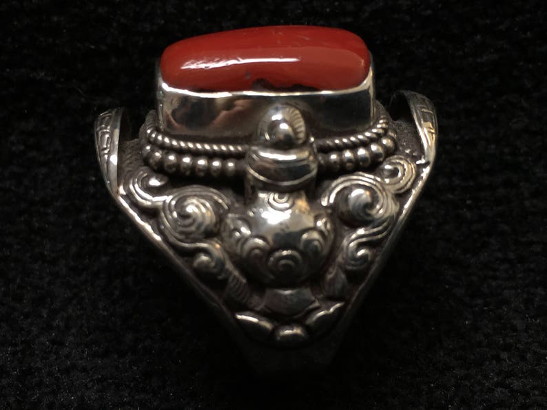 Ring Rare Red Coral With Silver Vintage Tribal Tradtional Saddle Ring image 1