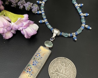 Vintage Opalized Glass Necklace, Hand Painted Floral Pendant, Apatite Beads