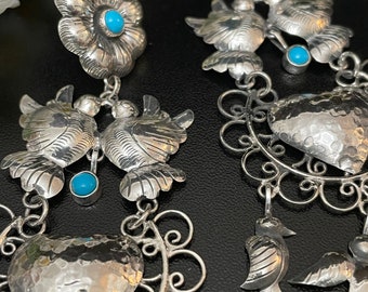Federico Jimenez  Another Gorgeous, Traditional Oaxacan Craftmanship,  Sterling Silver with Turquoise.  Length 3 7/8"  Width 1 1/2"