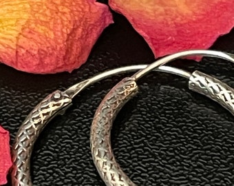 Earrings Sterling Silver Hoops Circumference 1" Hollow hoops, Hinged With Textured, Rolled Pattern.