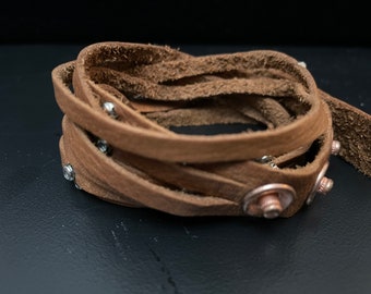 Boho Chic Leather Wrap Bracelet, Studded Multi Strand, Handmade