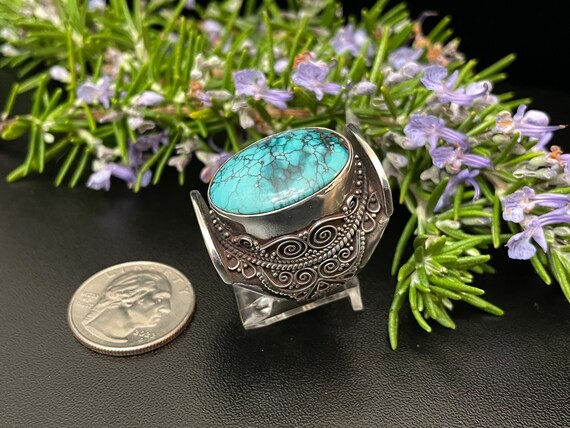 Adjustable Oval Turquoise Saddle Ring, Decorated … - image 4