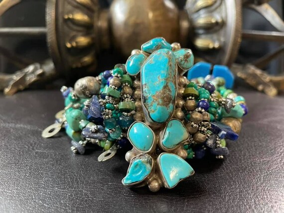Turquoise Lapis Multi Strand Bracelet, Sterling Silver  display picture 2