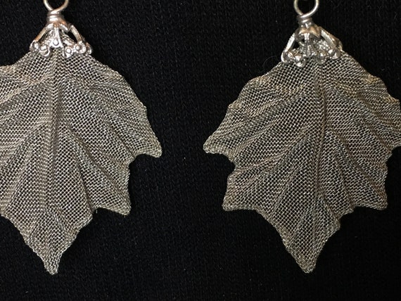 Earrings ~ Silver Hue Leaf, made of fine Mesh. Ar… - image 2