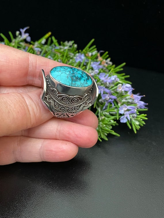 Adjustable Oval Turquoise Saddle Ring, Decorated … - image 5