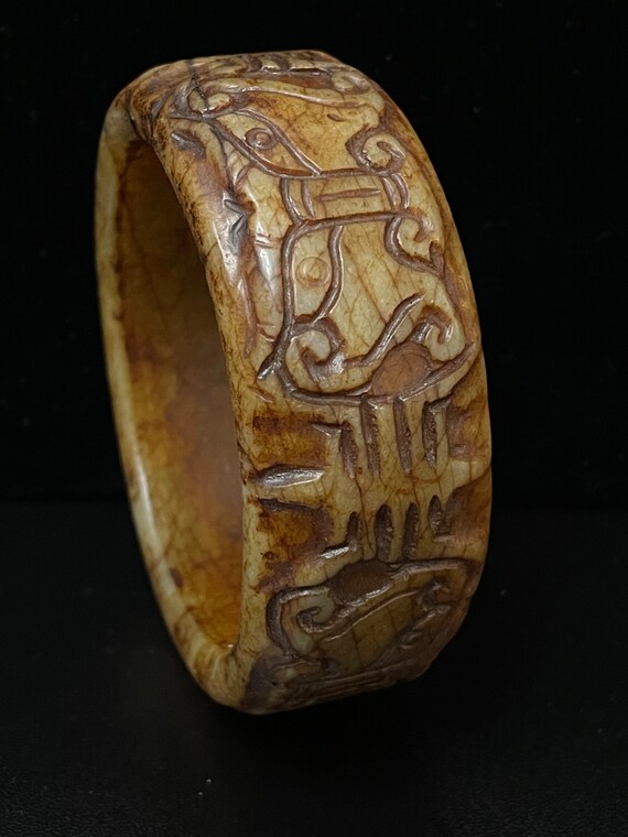 Jade Bangle 1 1/4"  Bracelet Carved,  Large Full … - image 1