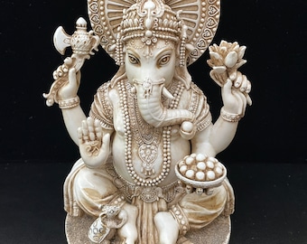 Ganesh Cast White with shadow accents of beige, Elaborate detailing. Perfect for an Alter Setting, Ganesh, also called Ganapati,