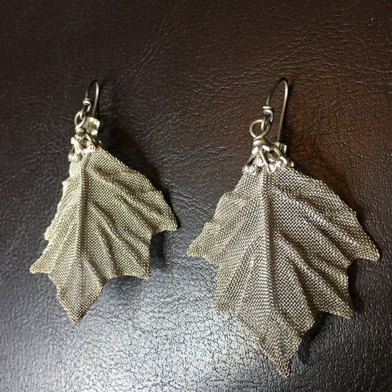 Earrings ~ Silver Hue Leaf, made of fine Mesh. Ar… - image 1