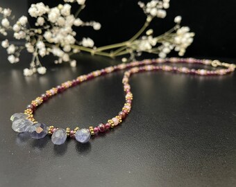 Iolite Center Teardrops, Lavendar, Lepidolite, with Garnets Necklace,  Lepidolite is sometimes called the peace stone or grandmother stone