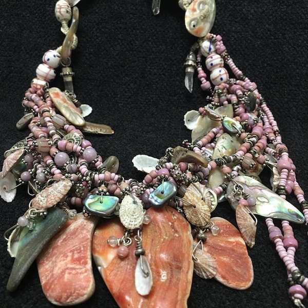 Far East Jewelry Hand Strung Graduated Abalone Strip Toggle Clasp Necklace