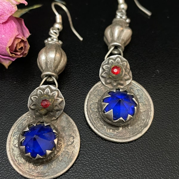 Vintage Tribal Kuchi Silver Earrings, Royal Blue Center Bling, with a Dash of Red, Afghanistan Treasures for the Boho Chic Gypsy within.