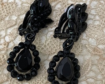 Black Rhinestone Clip On Earrings, Length 1 5/8 inch. Evening Bling Glamour, Perfect amount of Bling.