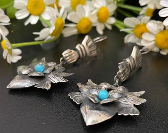Federico Jimenez Another Gorgeous, Traditional Oaxacan Craftmanship, Sterling Silver with Turquoise. Length 2 1/8" Width 1"