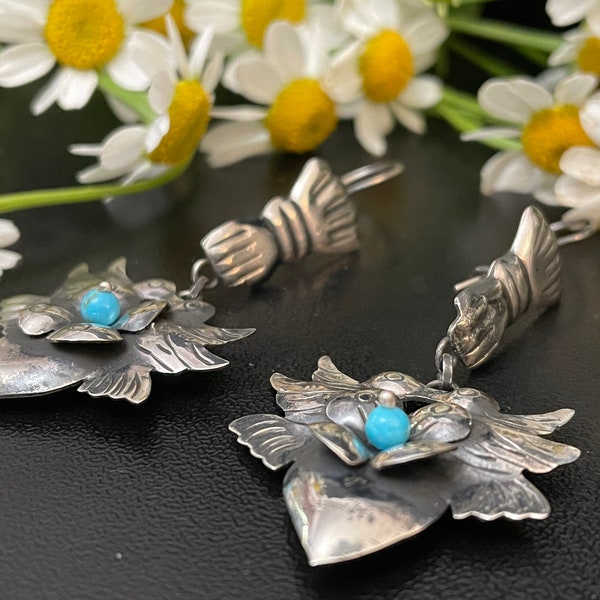 Federico Jimenez Another Gorgeous, Traditional Oaxacan Craftmanship, Sterling Silver with Turquoise. Length 2 1/8" Width 1"