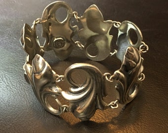 Vintage Mexican Sterling Silver Link Bracelet - Repousse Floral Design