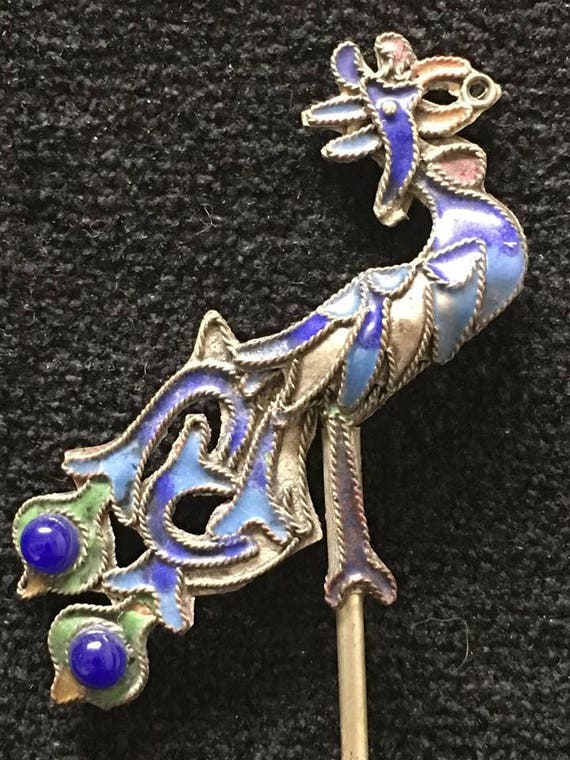 Vintage Chinese Enameled Brass Hair Stick, Peacock Design - Etsy display picture 2